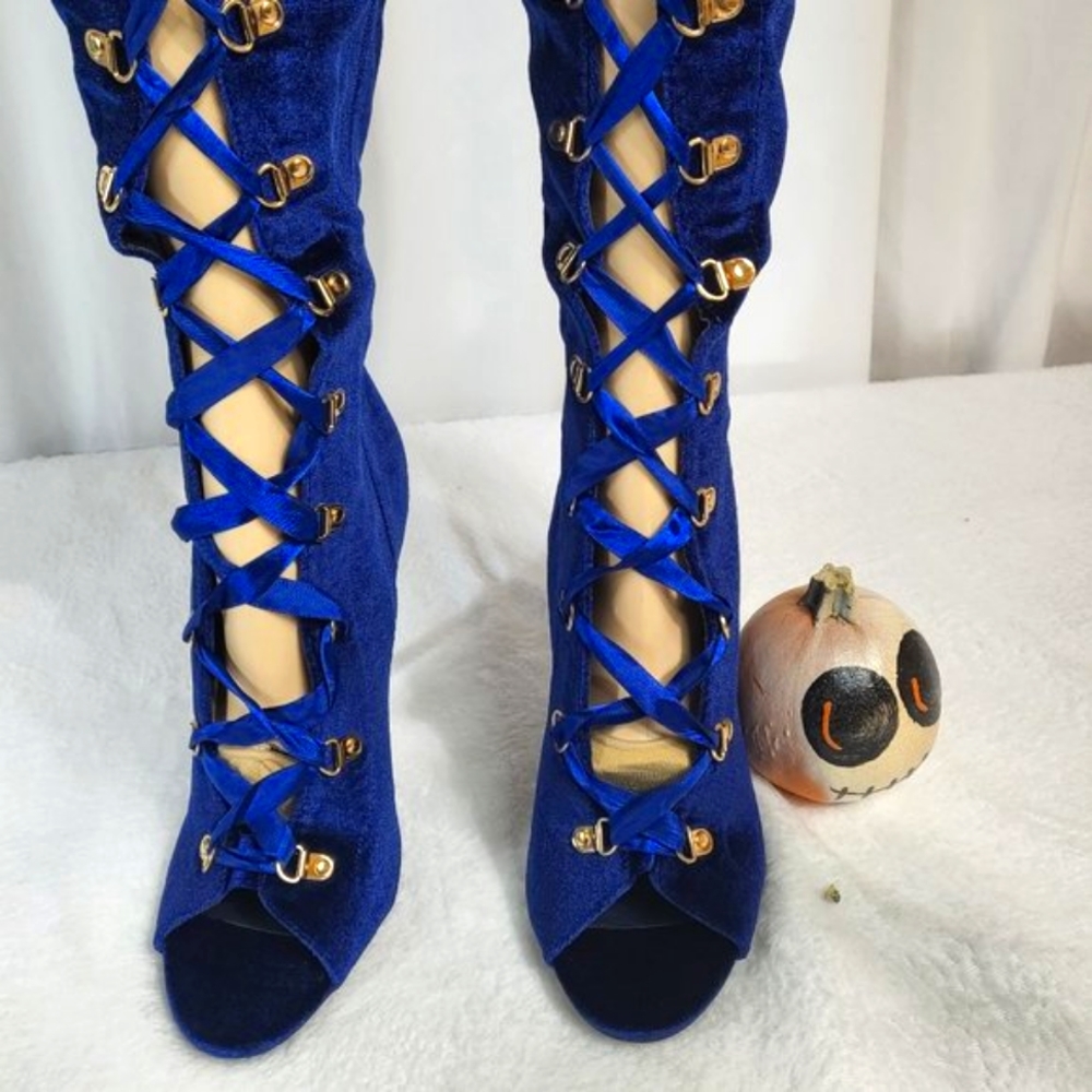 * Cape Robbin Navy Blue Satin Lace Up High Heel Thigh Boots - Picture 6 of 11